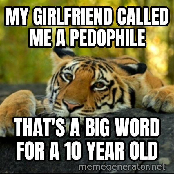 Confession Tiger meme: MY girlfriend called me a pedophile / That's a big word for a 10 year old