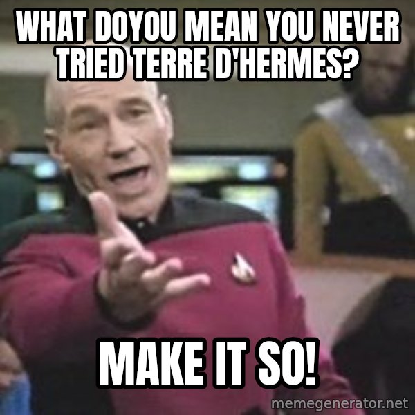 Captain Picard meme: what doyou mean you never tried terre d'hermes? / make it so!