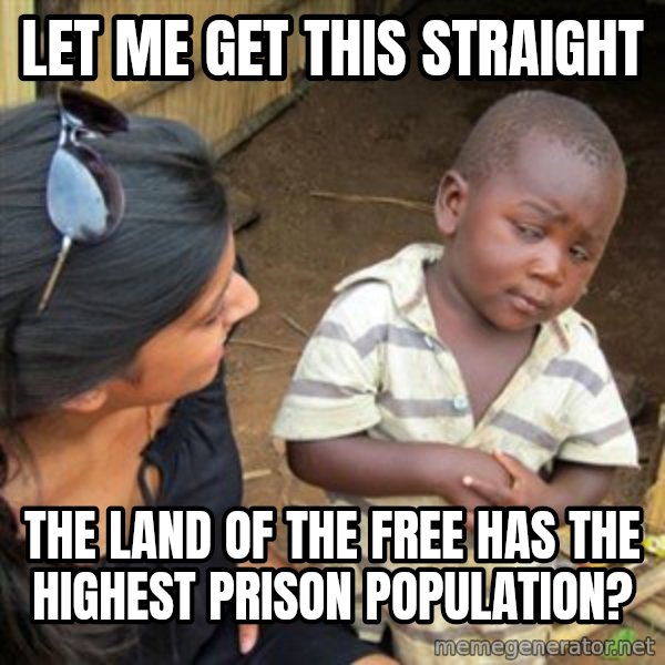 Skeptical 3rd World Kid meme: let me get this straight / the land of the free has the highest prison population?