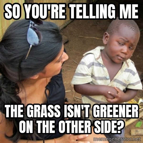 So You're Telling me meme: So you're telling me / the grass isn't gReener on the other side?