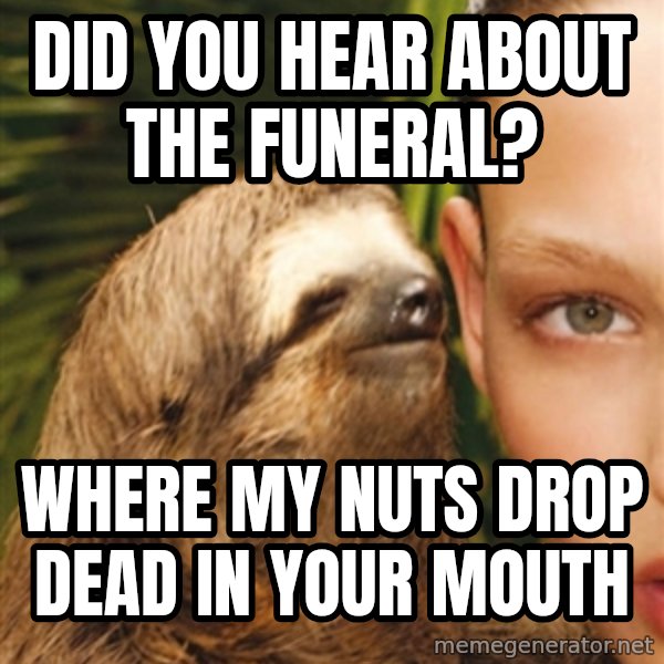 The Rape Sloth meme: Did you hear about the funeral? / Where my nuts drop dead in your mouth