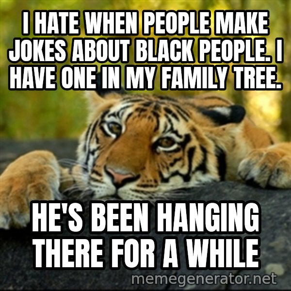 Confession Tiger meme: I hate when people make jokes about black people. I have one in my family tree. / He's been hanging there for a while