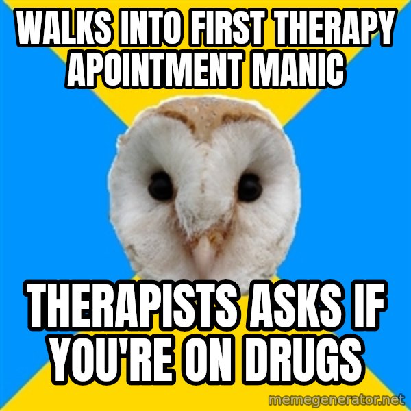 Bipolar Owl meme: walks into first therapy apointment manic / therapists asks if you're on drugs