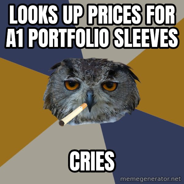 Art Student Owl meme: looks up prices for a1 portfolio sleeves / cries