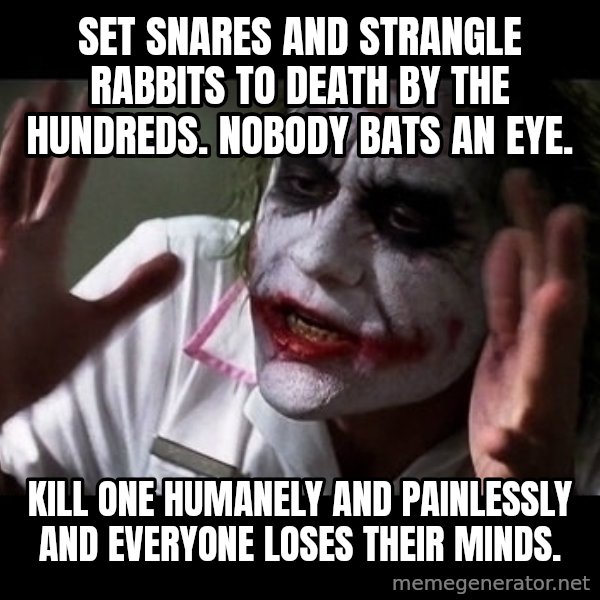 joker mind loss meme: set snares and strangle rabbits to death by the hundreds. nobody bats an eye. / Kill one humanely and painlessly and everyone loses their minds.