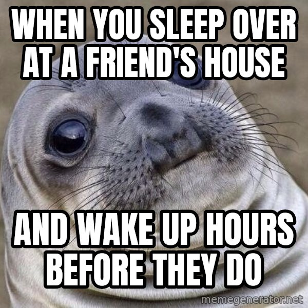 Awkward Seal meme: When you Sleep Over at a friend's house / and wake up hours before they do