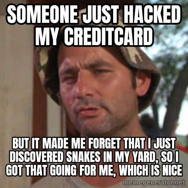 So I got that going on for me, which is nice meme: Someone just hacked my creditcard / But It made me forget that I just discovered snakes in my yard, So I got that going for me, which is nice