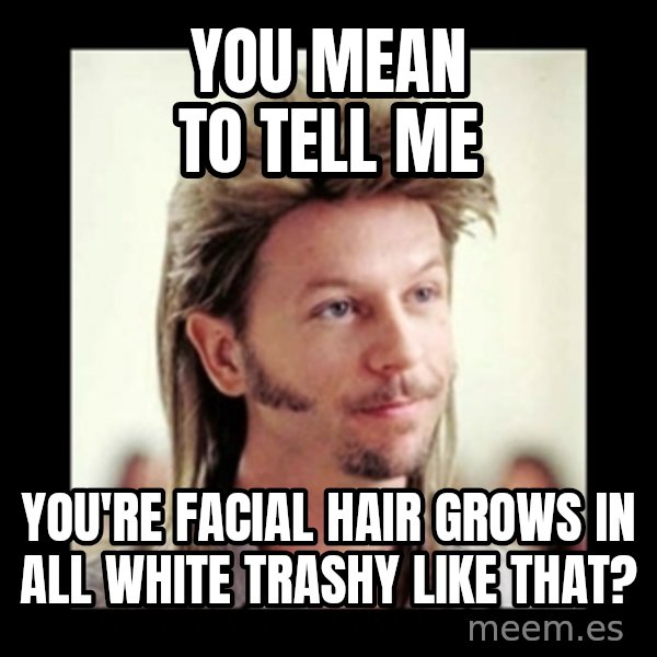 Joe Dirt meme: You mean to tell me / you're facial hair grows in all white trashy like that?