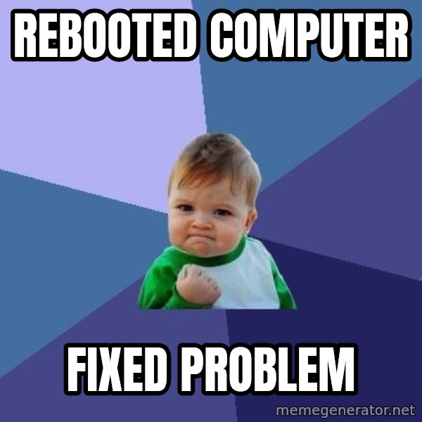 Success Kid meme: Rebooted Computer / Fixed Problem