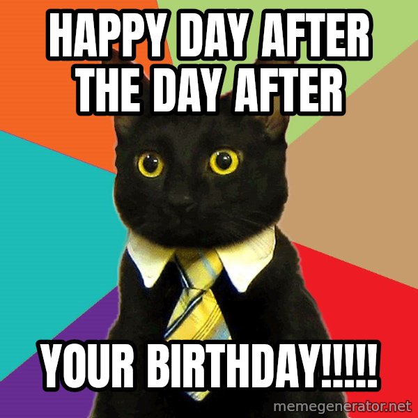 Business Cat meme: Happy day after the day after / Your birthday!!!!!