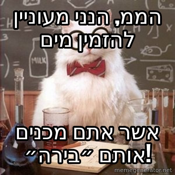 Chemistry Cat meme: הממ, הנני מעוניין להזמין מים / אשר אתם מכנים אותם ״בירה״!