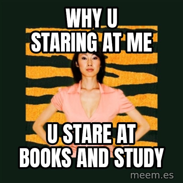 Tiger Mom meme: Why u staring at me / u stare at books and study