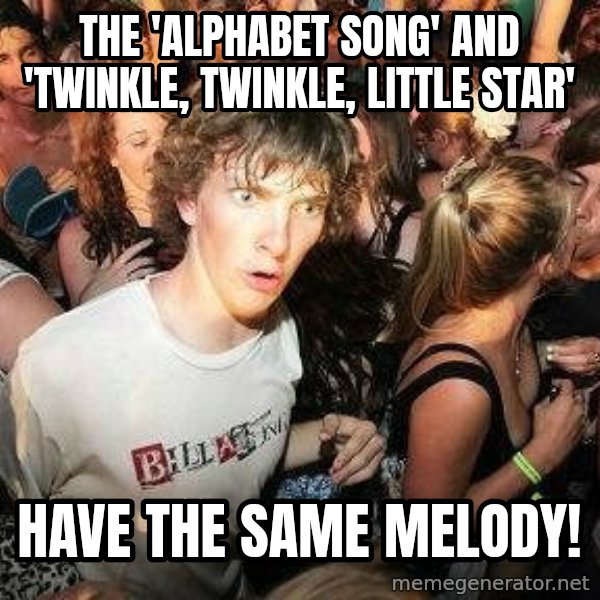 -Sudden Clarity Clarence meme: The 'alphabet song' and 'Twinkle, Twinkle, Little star' / have the same melody!