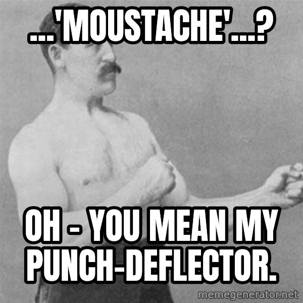 overly manlyman meme: ...'Moustache'...? / Oh - you mean my punch-deflector.