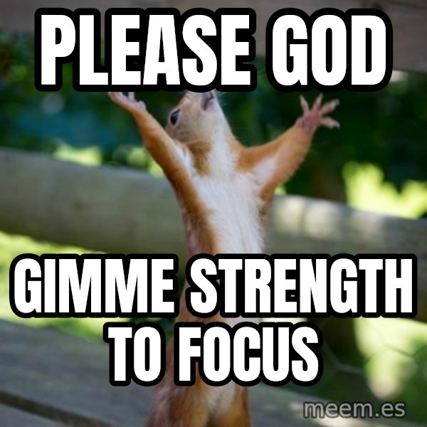 Praising Squirrel meme: please god / gimme strength to focus