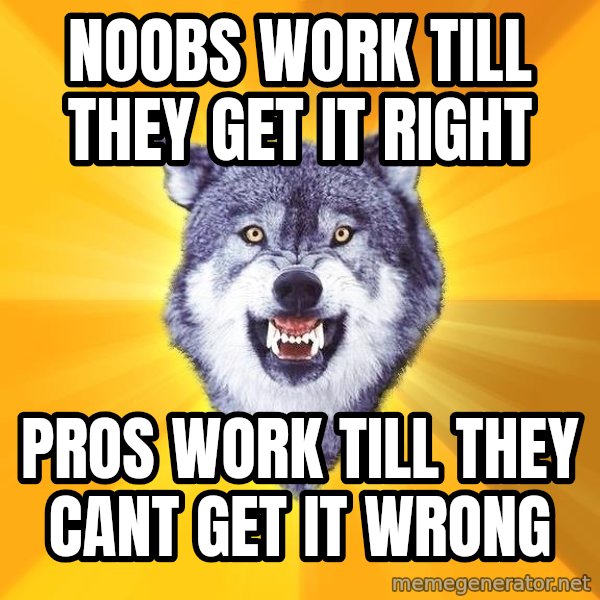 Courage Wolf meme: Noobs work till they get it right / Pros work till they cant get it wrong