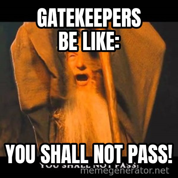 You Shall Not Pass Gandalf With Bottom Text meme: Gatekeepers be like: / you shall not pass!