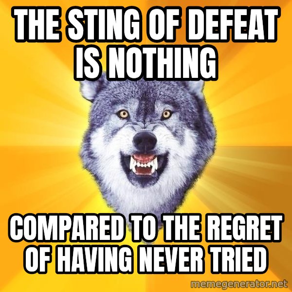 Courage Wolf meme: the sting of defeat is nothing / compared to the regret of having never tried