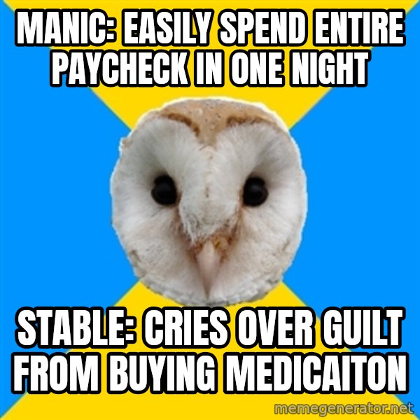 Bipolar Owl meme: manic: easily spend entire paycheck in one night / stable: cries over guilt from buying medicaiton