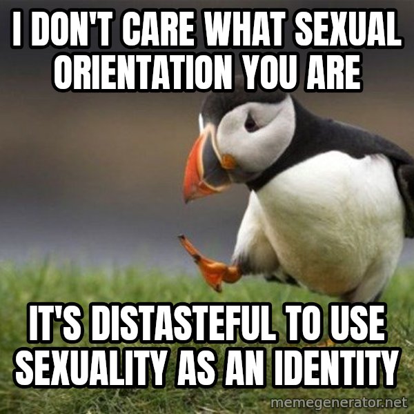 Unpopular Opinion Puffin meme: i don't care what sexual orientation you are / it's distasteful to use sexuality as an identity