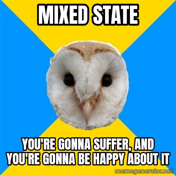 Bipolar Owl meme: mixed state / you're gonna suffer, and you're gonna be happy about it