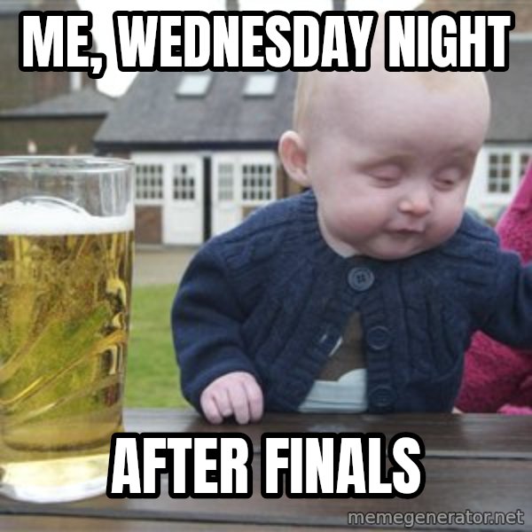drunk baby 1 meme: me, wednesday night / after finals
