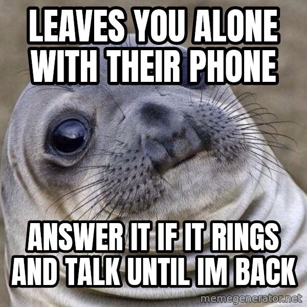 Awkward Seal meme: Leaves you alone with their phone / Answer it if it rings and talk until im back