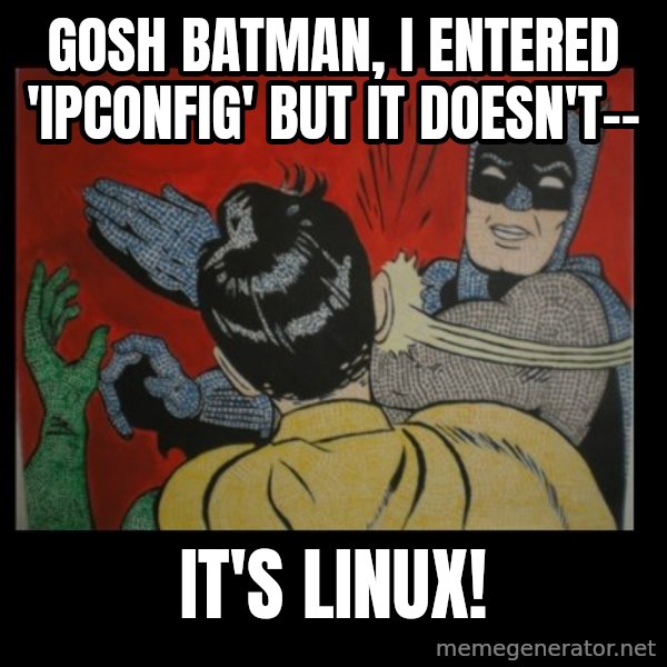Batman Slappp meme: Gosh batman, I entered 'ipconfig' but it doesn't-- / It's Linux!
