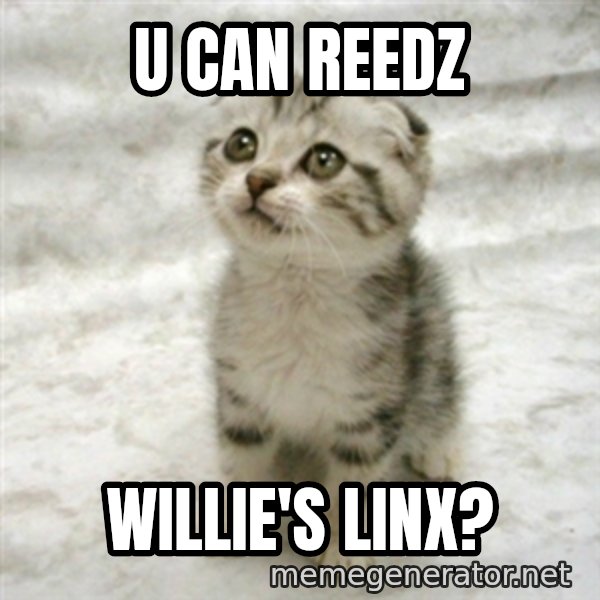 Can haz cat meme: u can reedz / willie's linx?
