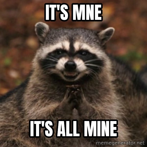evil raccoon meme: It's mne / it's all mine