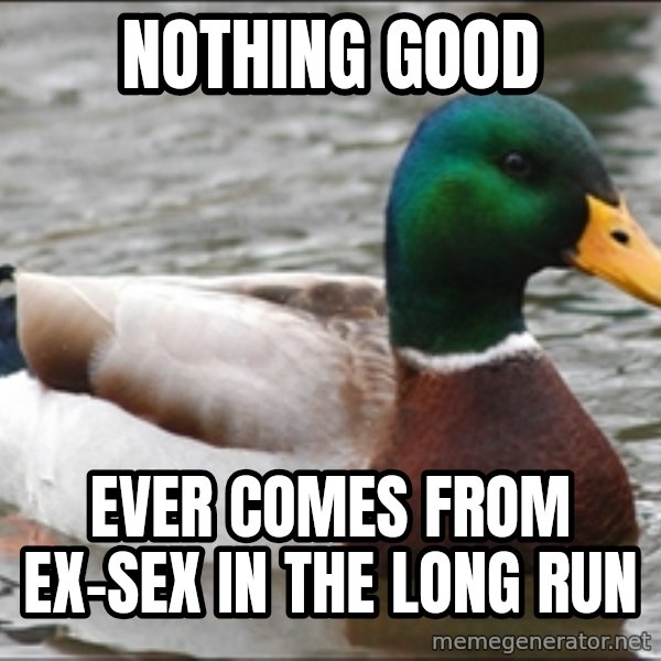 Actual Advice Mallard 1 meme: nothing good / ever comes from ex-sex in the long run