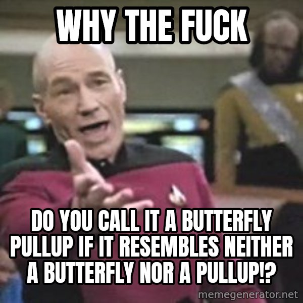 Captain Picard meme: Why the fuck / do you call it a butterfly pullup if it resembles neither a butterfly nor a pullup!?