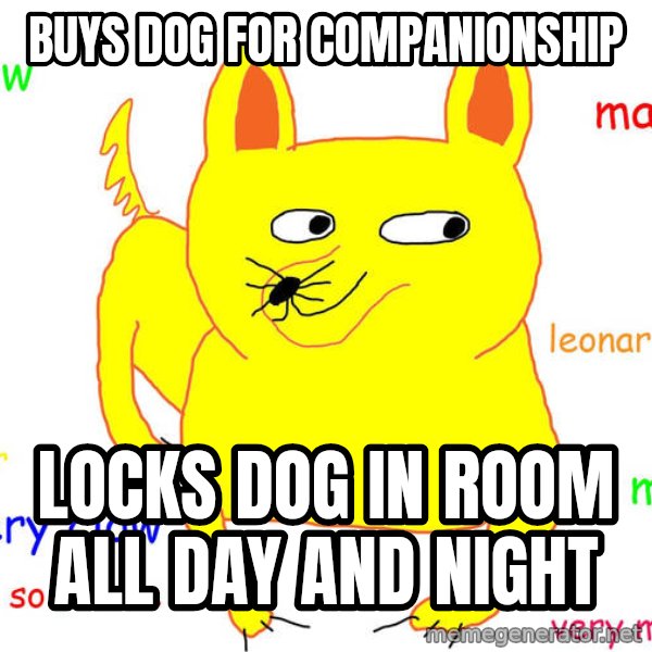 Forever Alone meme: BUYS DOG FOR COMPANIONSHIP / LOCKS DOG IN ROOM ALL DAY AND NIGHT