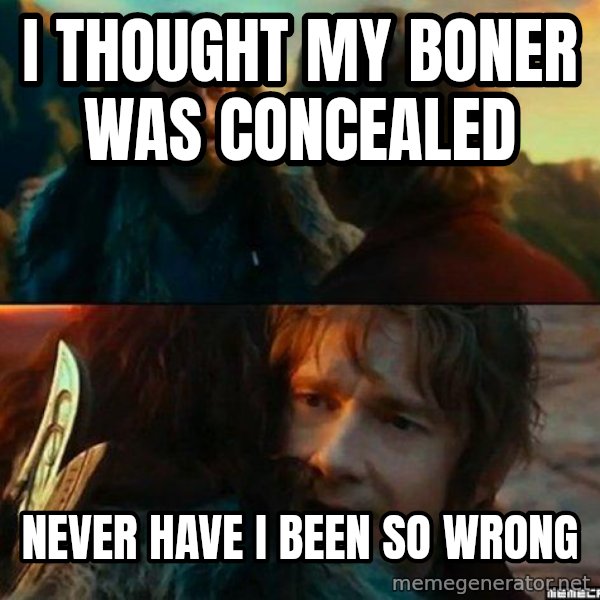 Never Have I Been So Wrong meme: i thought my boner was concealed / never have i been so wrong