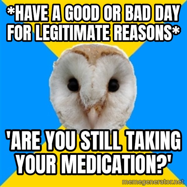 Bipolar Owl meme: *Have a good or bad day for legitimate reasons* / 'Are you still taking your medication?'
