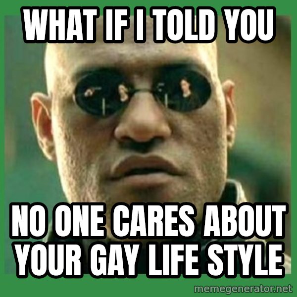 Matrix Morpheus meme: what if i told you / no one cares about your gay life style