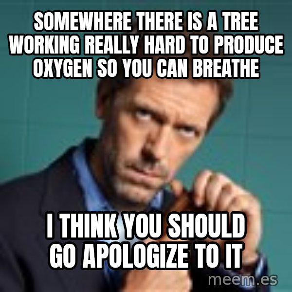 Gregory House M.D. meme: Somewhere there is a tree working really hard to produce oxygen so you can breathe / I think you should go apologize to it