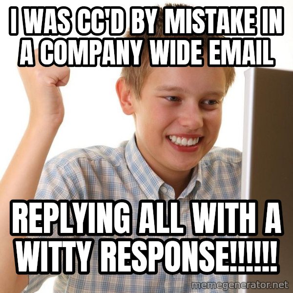 First Day on the internet kid meme: I was CC'd by mistake in a company wide email / Replying all with a witty response!!!!!!