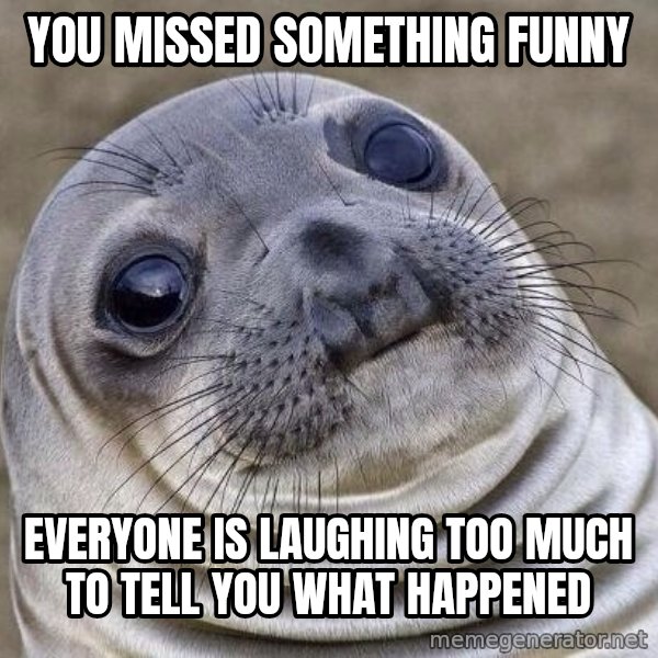 Awkward Seal meme: YOU MISSED SOMETHING FUNNY / EVERYONE IS LAUGHING TOO MUCH TO TELL YOU WHAT HAPPENED