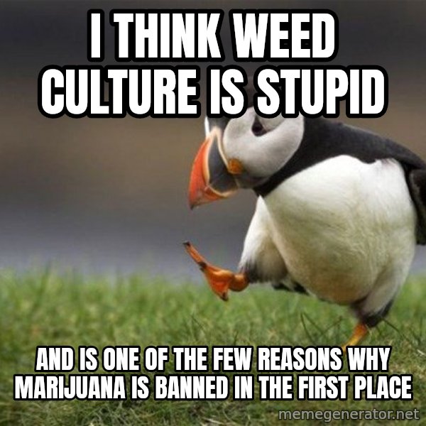 Unpopular Opinion Puffin meme: i think weed culture is stupid / and is one of the few reasons why marijuana is banned in the first place
