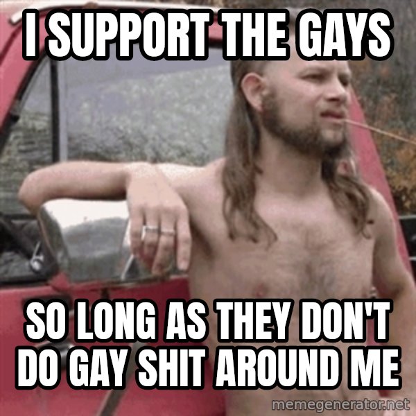 Almost Politically Correct Redneck meme: I support the gays / so long as they don't do gay shit around me