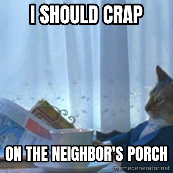 newspaper cat realization meme: I should crap / on the neighbor's porch
