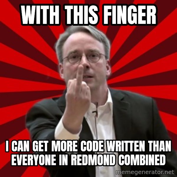 Angry Linus meme: with this finger / I can get more code written than everyone in redmond combined