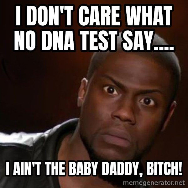 kevin hart nigga meme: I don't care what no dna test say.... / I ain't the baby daddy, bitch!
