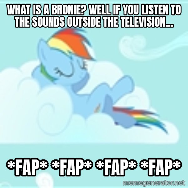 My Little Pony meme: WHAT IS A BRONIE? WELL IF YOU LISTEN TO THE SOUNDS OUTSIDE THE TELEVISION... / *FAP* *FAP* *FAP* *FAP*