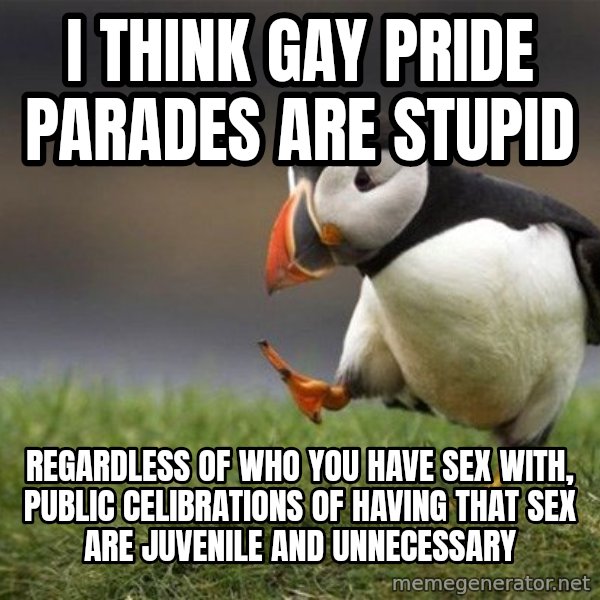 Unpopular Opinion Puffin meme: I think Gay pride parades are stupid / Regardless of who you have sex with, public celibrations of having that sex are juvenile and unnecessary