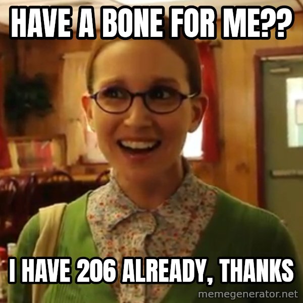 Sexually Oblivious Female meme: have A bone for me?? / I have 206 already, thanks