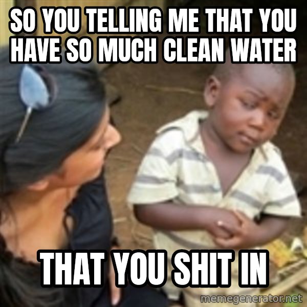 Skeptical african kid  meme: So you telling me that you have so much clean water / That you shit in