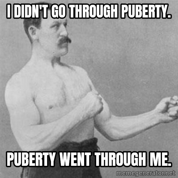overly manlyman meme: I DIDN'T GO THROUGH PUBERTY. / PUBERTY WENT THROUGH ME.
