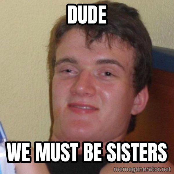 high/drunk guy meme: DUDE / WE MUST BE SISTERS